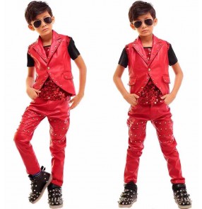 Children red PU leather river sequin jazz dance costumes Boys drmmer singers host gogo dancers street Stage performance outfits model show clothing 